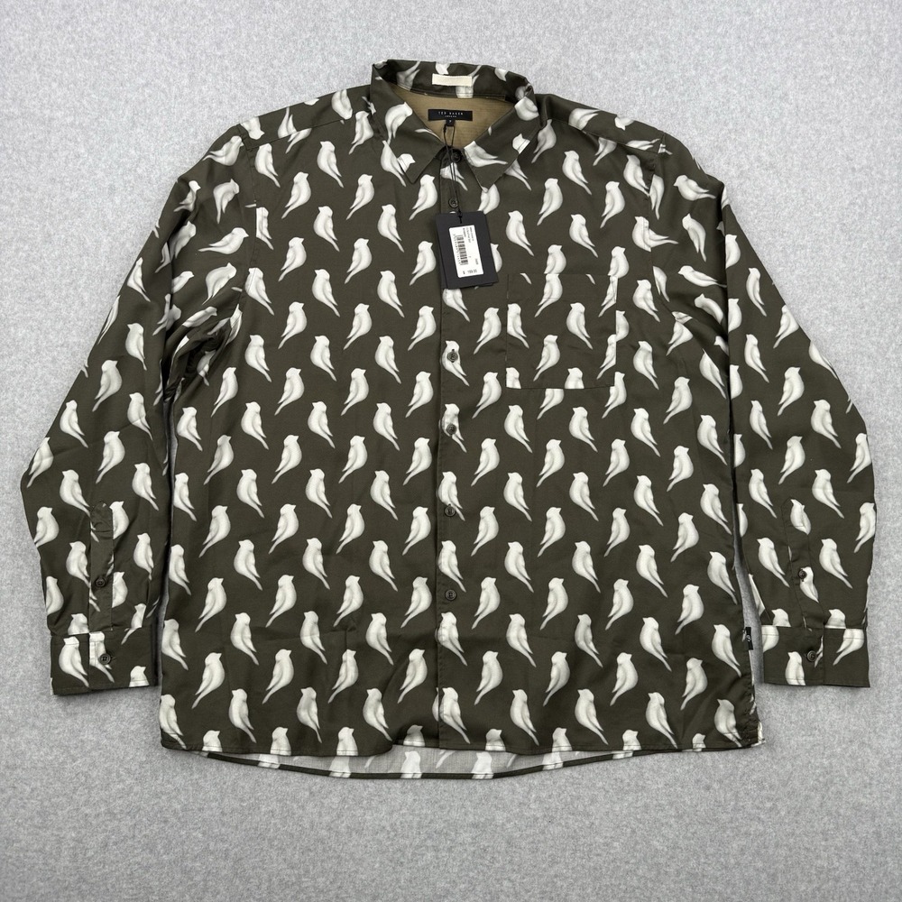 Ted Baker London Shirt Mens 7 3XL Green Bird Print AOP Button Up Long Sleeve NEW